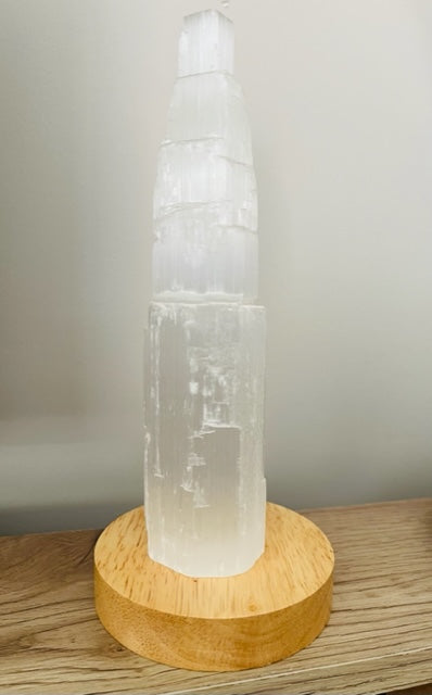 Selenite Tower with USB LED multi coloured light. 20cms.